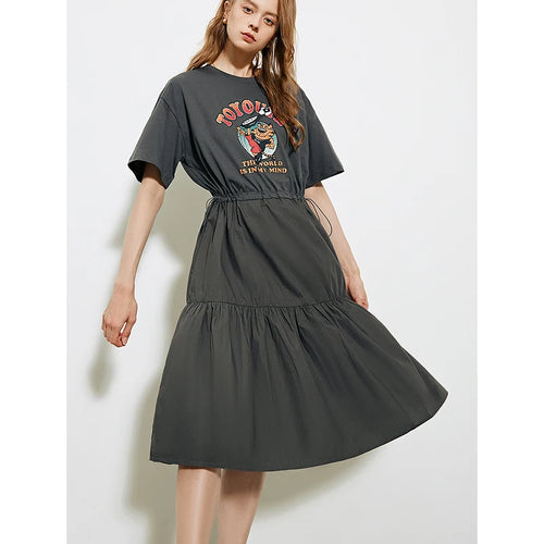 Vestido Camiseta Midi com Estampa e Ajuste por Cordão