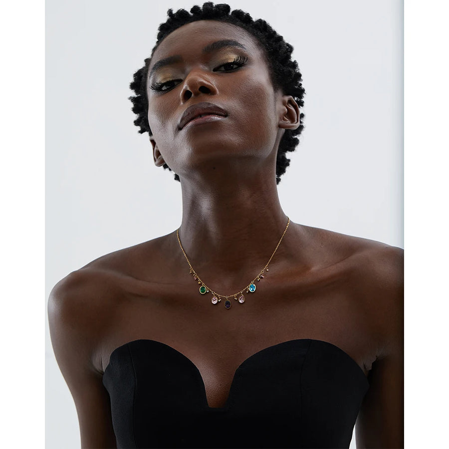 Colar Feminino Gota com Zircônias Coloridas em Aço Inoxidável 3