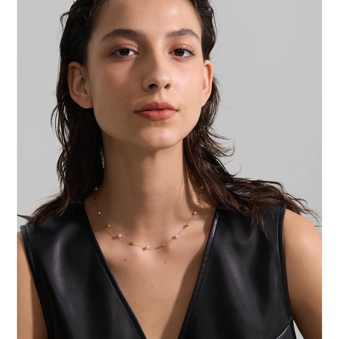 Yhpup Fashion Stainless Steel Simulated Pearls Bead Chain Necklace Tarnish Resistant 18K Golden Plated Collar Chic Neck Jewelry