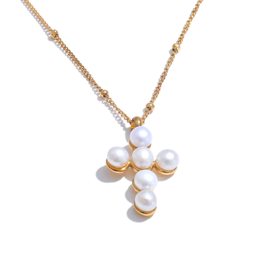 Colar Feminino Cruz com Pérola em Aço Inoxidável 2 YH4290A