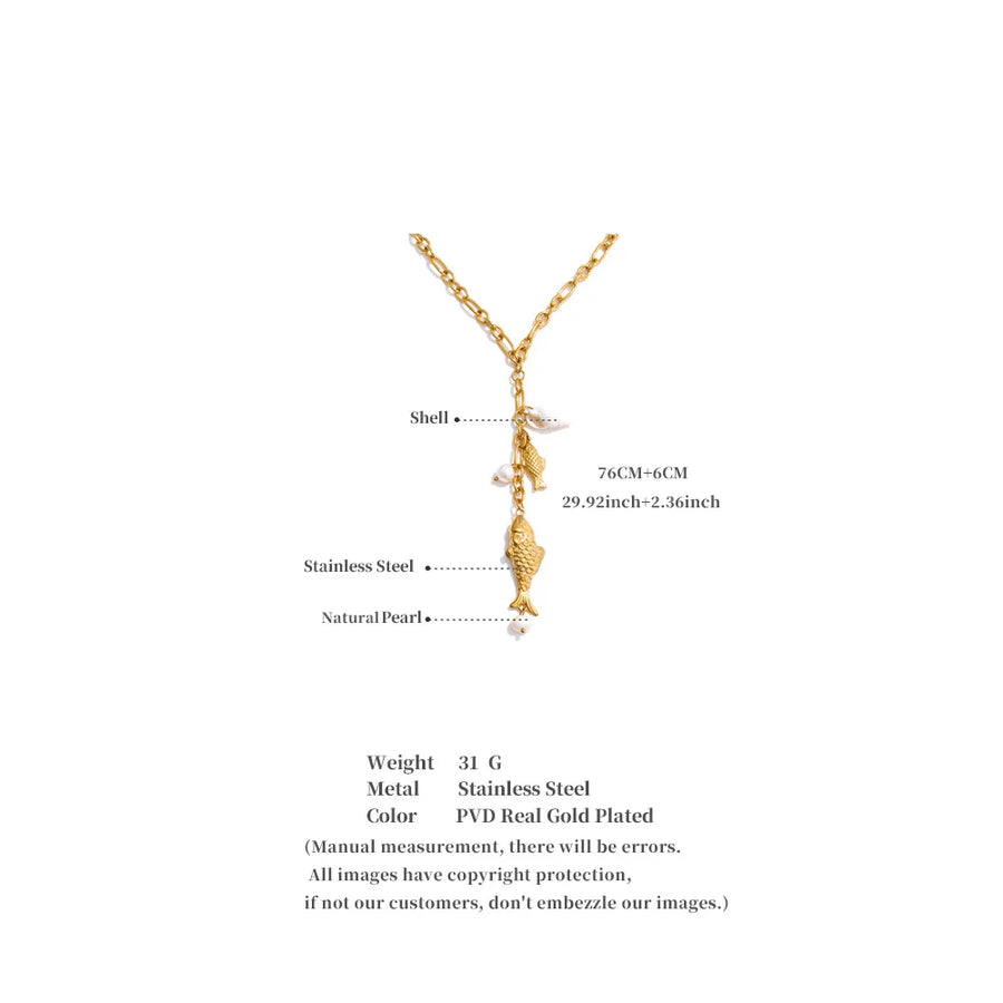 Yhpup Natural Pearls Shell Fish Pendant Chain Necklace 18K Golden PVD Plated Fashion Stainless Steel Charm Waterproof Jewelry