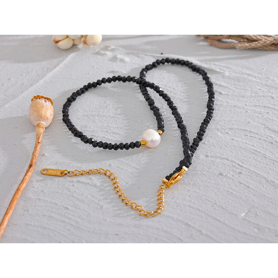 Yhpup Black Crystal Beads Chain Stainless Steel Natural Pearl Collar Necklace for Women Handmade Trade Trendy Simple Jewelry