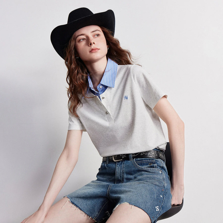 Camiseta Feminina de Algodão Listrada Efeito Duas Peças