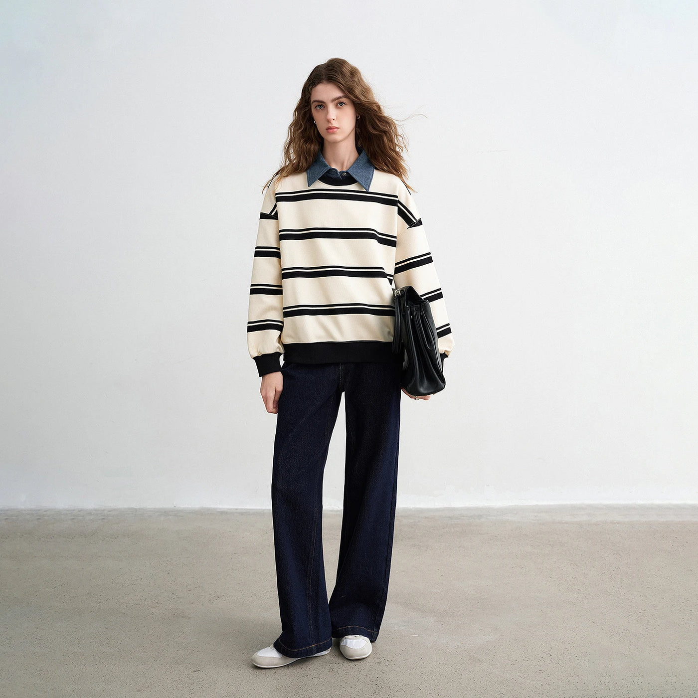 Moletom Feminino Listrado Efeito Duas Peças com Gola Jeans