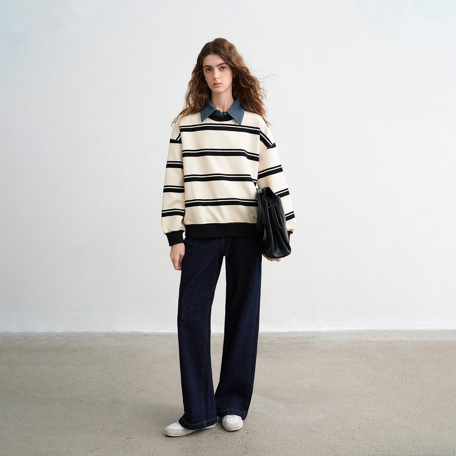 Moletom Feminino Listrado Efeito Duas Peças com Gola Jeans