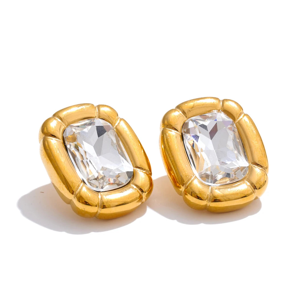 Yhpup Shiny Cubic Zirconia Rectangle Pendant Necklace Earrings Quality Gold Color PVD Plated Stainless Steel Premium Jewelry YH3332A G-Earrings
