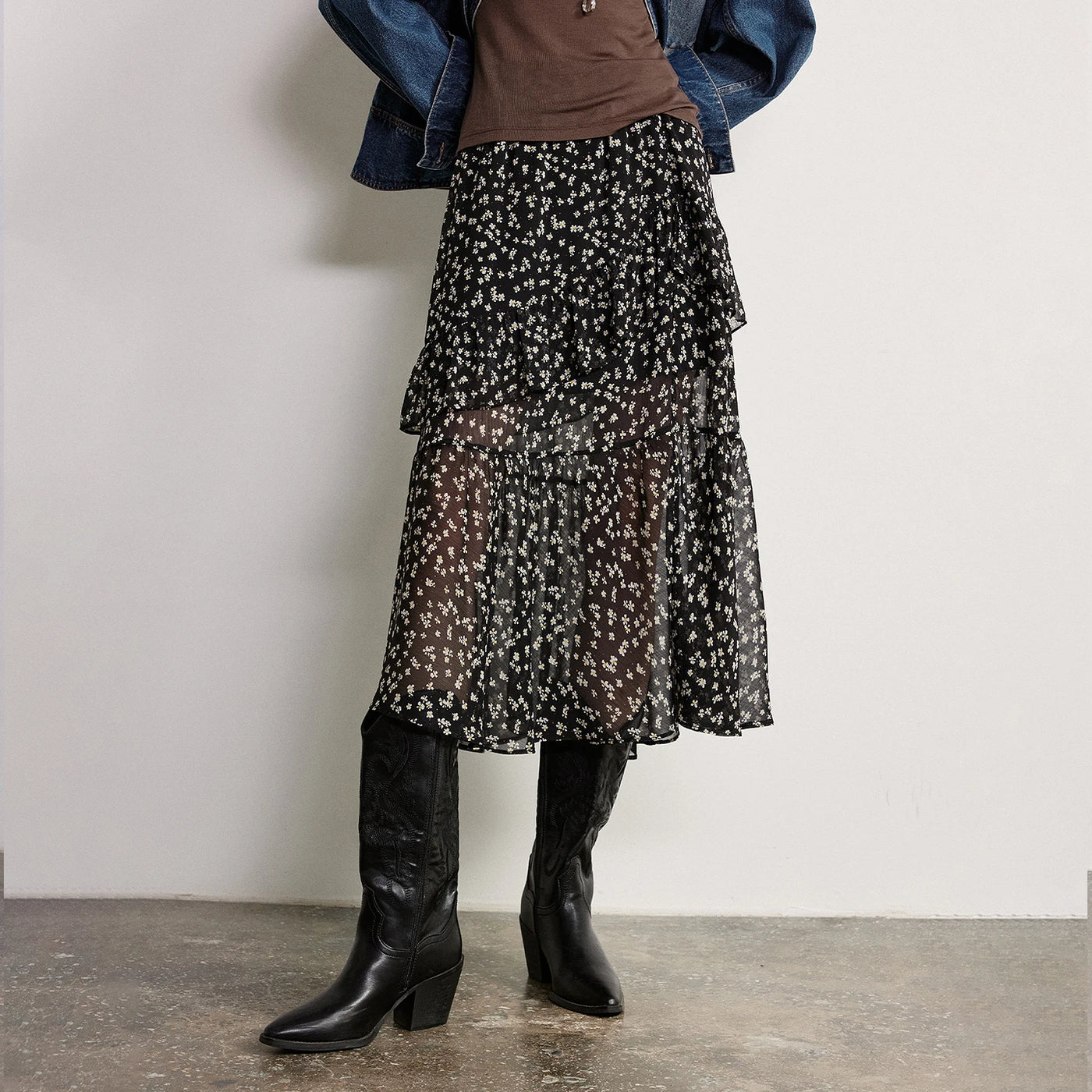 Saia Midi Feminina Floral com Babados