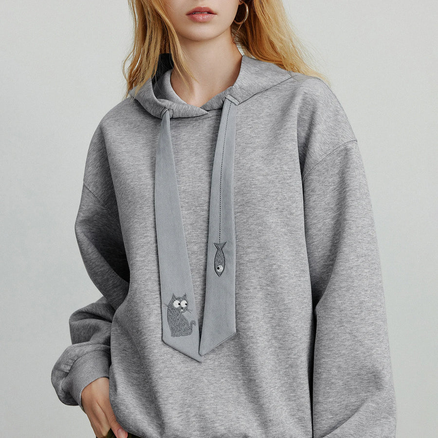 TOYOUTH Women Fleece-Lined Hooded Sweatshirts 2026 Spring New Cat Embroidery Tie Detail Warm Cozy Fleece Lining Tops