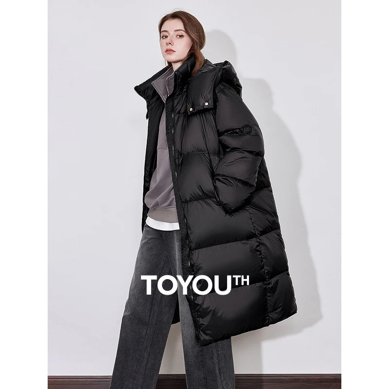Casaco Puffer Feminino Midi com Capuz 90% Plumas