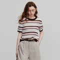 Blusa de Tricô Listrada Manga Curta e Vazada