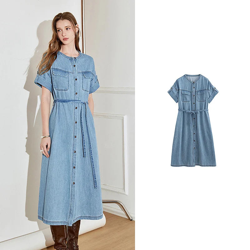Vestido Jeans Midi Manga Curta com Amarração