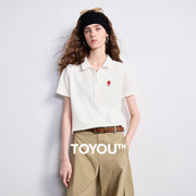 Camiseta Polo Feminina de Algodão com Bordado Floral