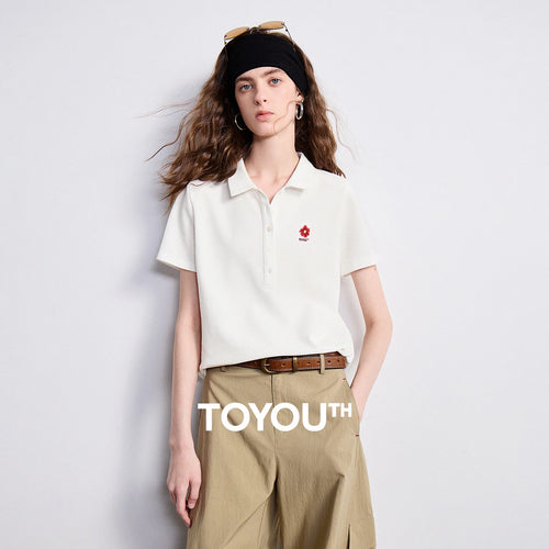 Camiseta Polo Feminina de Algodão com Bordado Floral