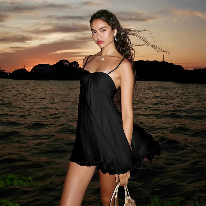 Elegant Chiffon Loose Short Dresses Women's Simple Casual Strap Dress Summer Sundresses Pink Black Beach Holiday Vacation New