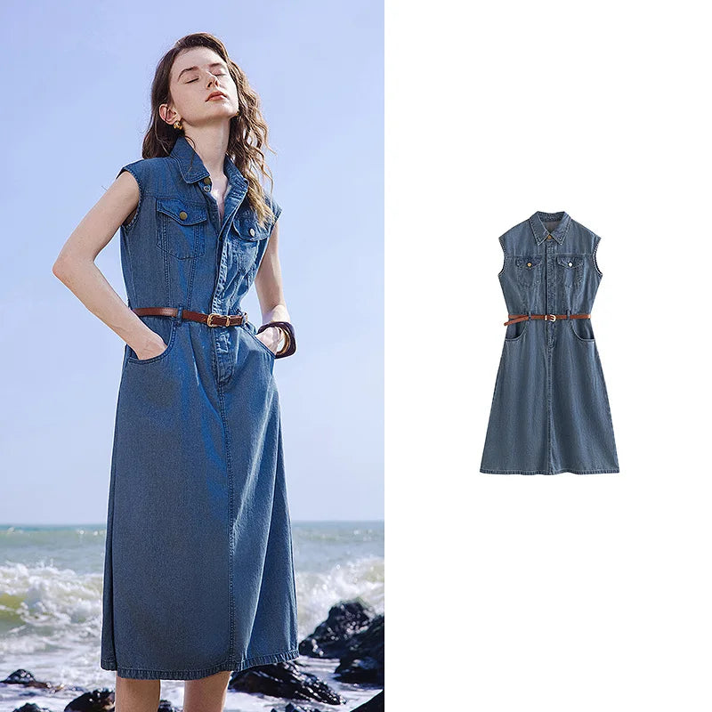 Vestido Jeans Midi com Bolsos