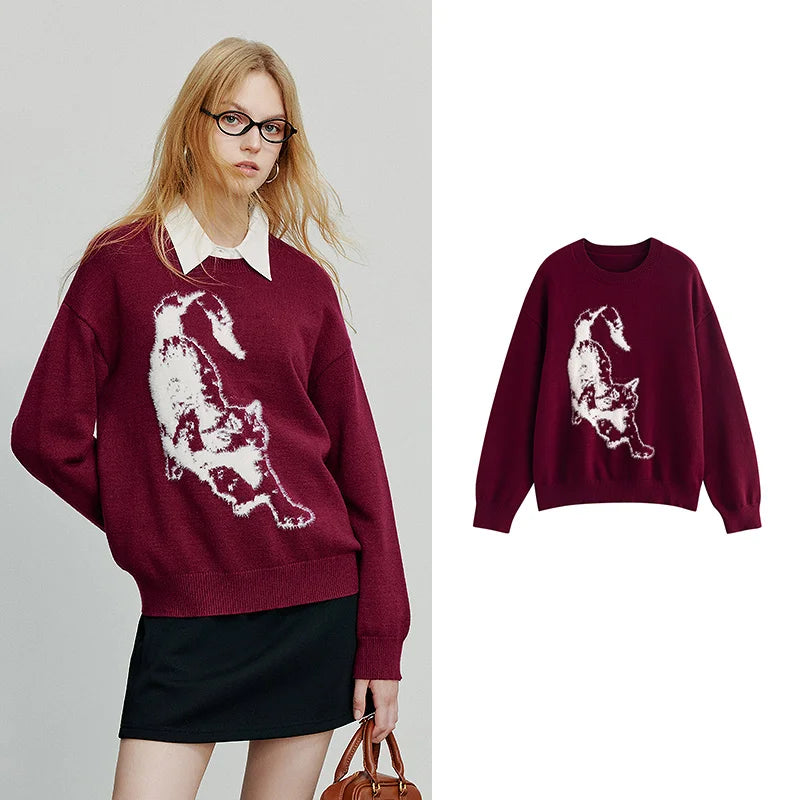 Suéter Bordô com Jacquard de Gato