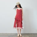 Vestido de Chiffon Floral Vermelho com Fenda e Babado
