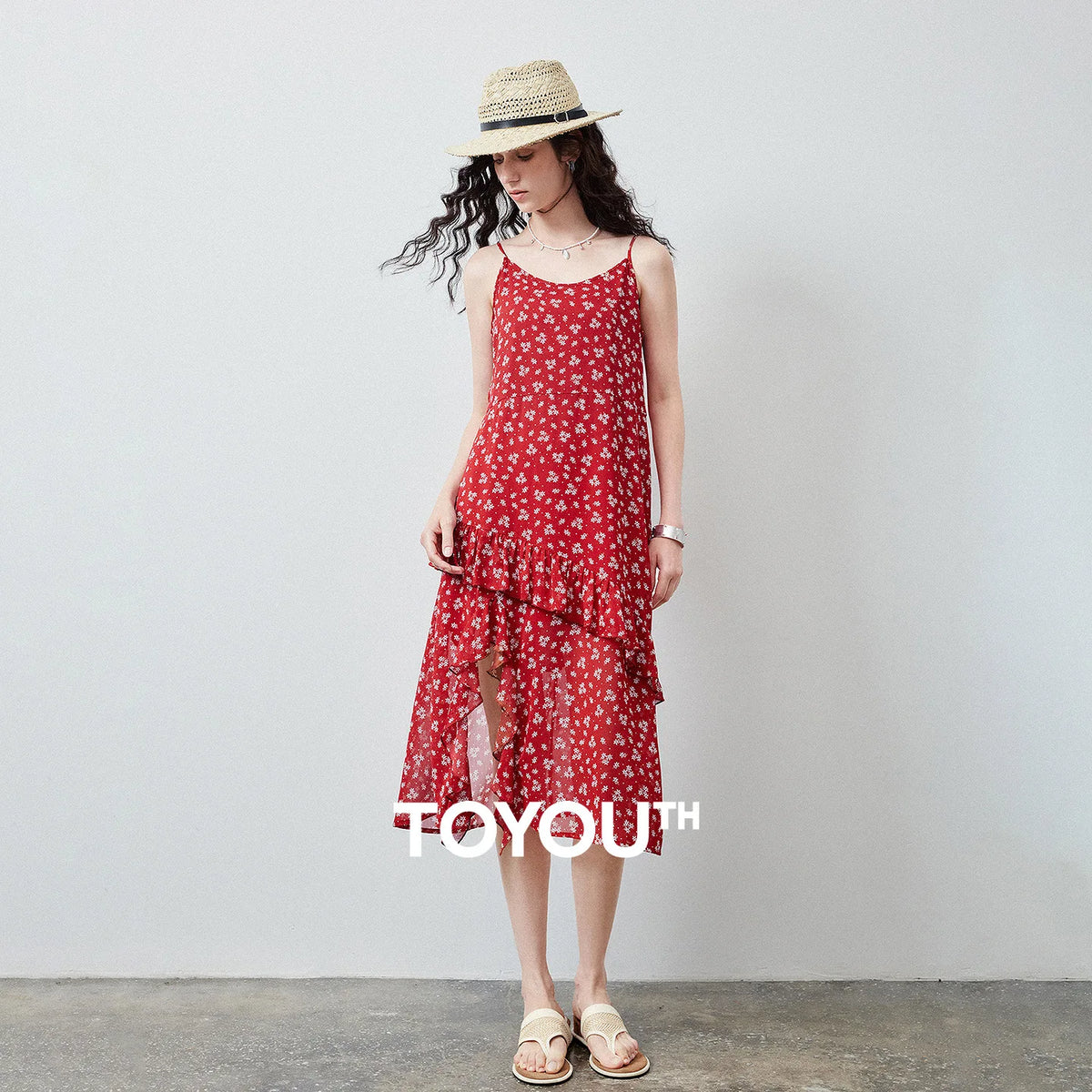 Vestido de Chiffon Floral Vermelho com Fenda e Babado