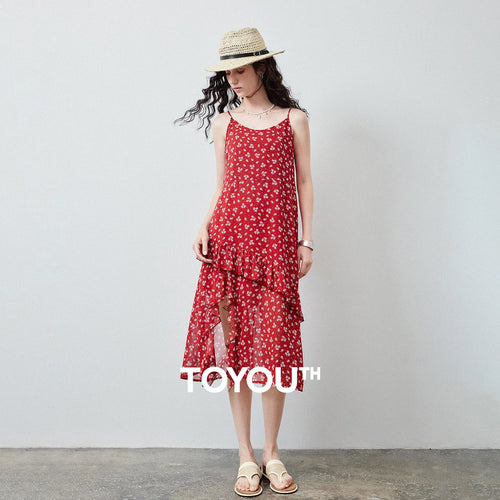 Vestido de Chiffon Floral Vermelho com Fenda e Babado