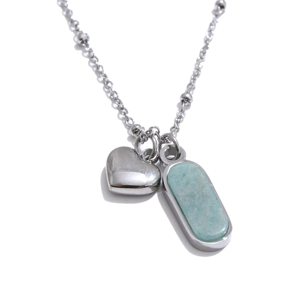 Yhpup Popular Natural Amazonite Stone Heart Oval Drop Necklace Women Stainless Steel Polished Waterproof Fashion Jewelry Gift YH5381A Steel