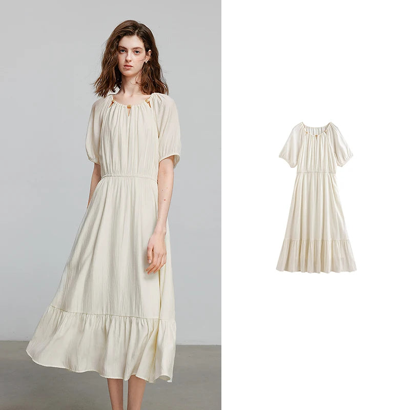 Vestido Midi de Viscose com Aplicação de Contas Beige