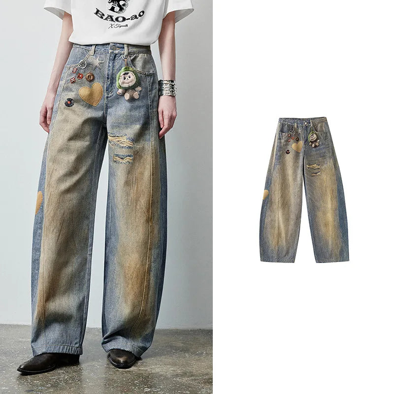 Calça Jeans Feminina Barrel Estampada 100% Algodão