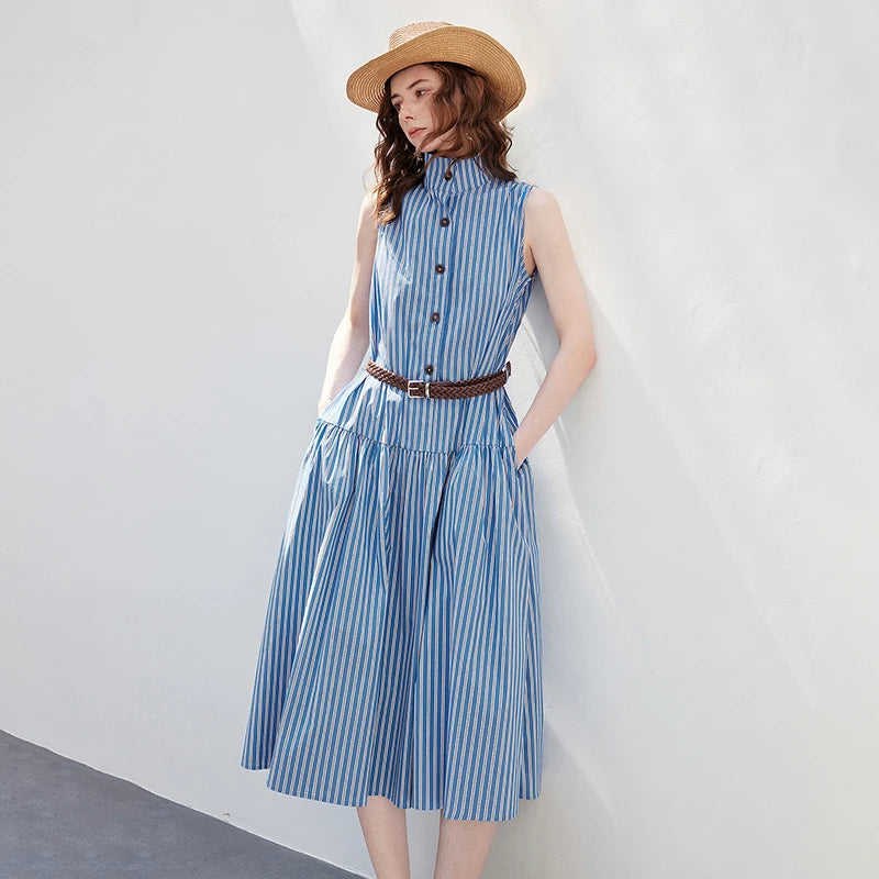 Vestido Midi Listrado Sem Manga