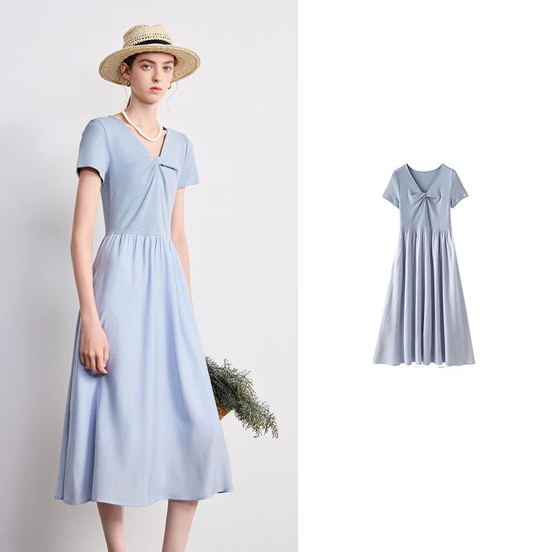 Vestido Midi Bicolor com Decote V e Efeito Duas Peças Flower Blue