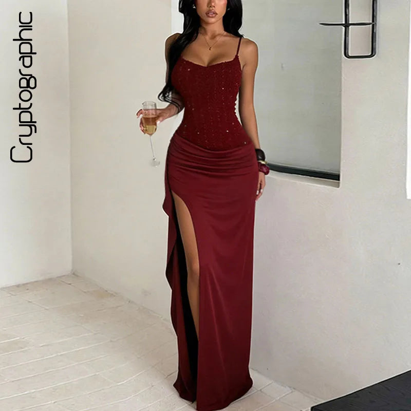 Vestido Longo Feminino Texturizado com Pregas e Fenda Alta