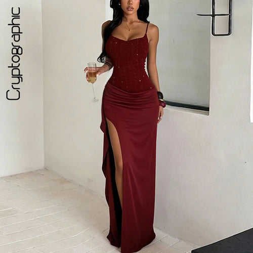 Vestido Longo Feminino Texturizado com Pregas e Fenda Alta