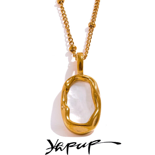 Yhpup Double-sided Natural Shell Cast Pendant Necklace Stainless Steel 18K PVD Plated Stylish Gold Color Jewelry Bijoux Femme