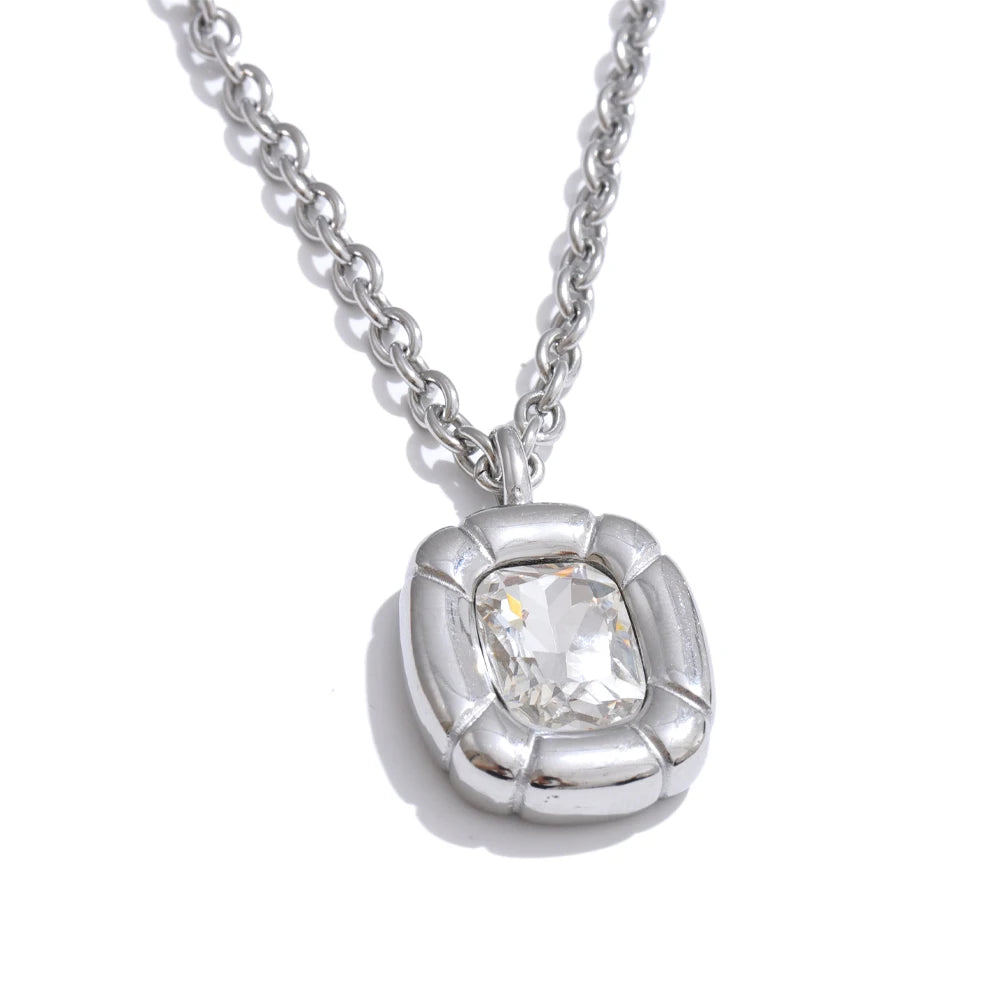 Yhpup Shiny Cubic Zirconia Rectangle Pendant Necklace Earrings Quality Gold Color PVD Plated Stainless Steel Premium Jewelry YH3333A S-Necklace