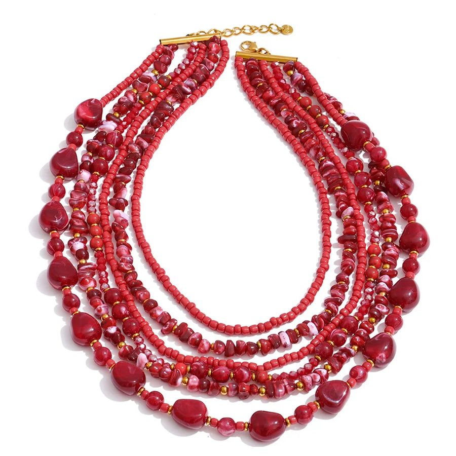 Yhpup Waterproof 2025 Handmade Beads Bohemia Jewelry Autumn Winter Stainless Steel Layered Resin Chain Bib Statement Necklace Necklace Dark Red