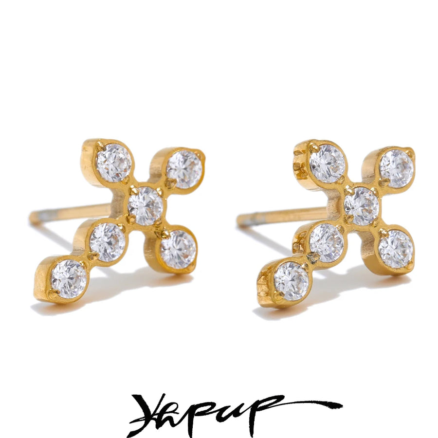 Yhpup Delicate Shiny Cubic Zirconia Cross Small Stud Earrings for Office Ladies Stainless Steel Trendy Chic Jewelry Waterproof