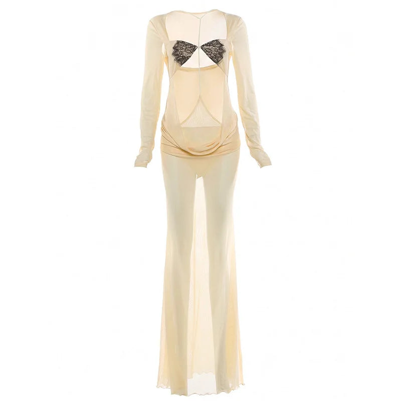 Vestido Longo Feminino de Tule com Recortes e Manga Longa yellow