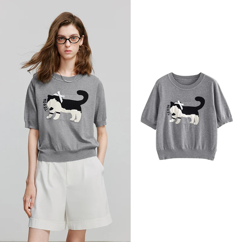 Blusa Feminina de Tricô Jacquard Gato com Laço