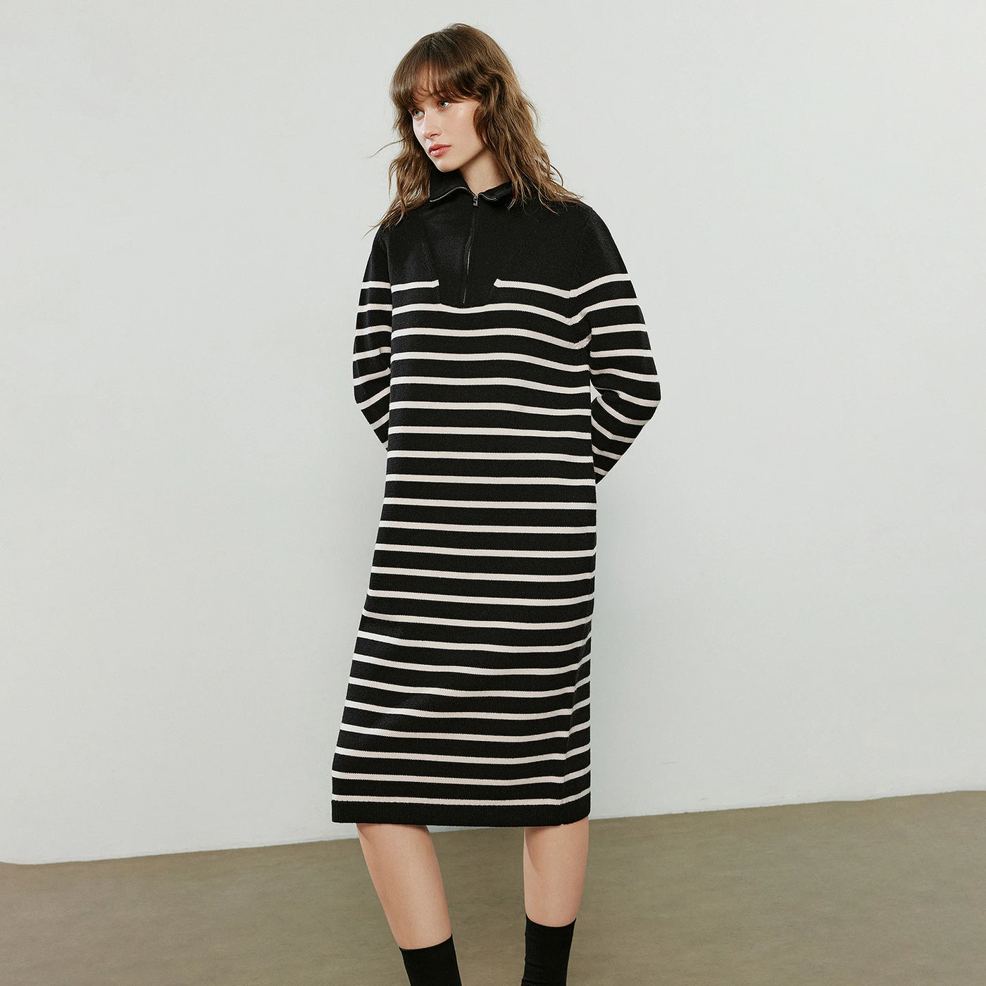 Vestido de Malha Midi Listrado para Inverno