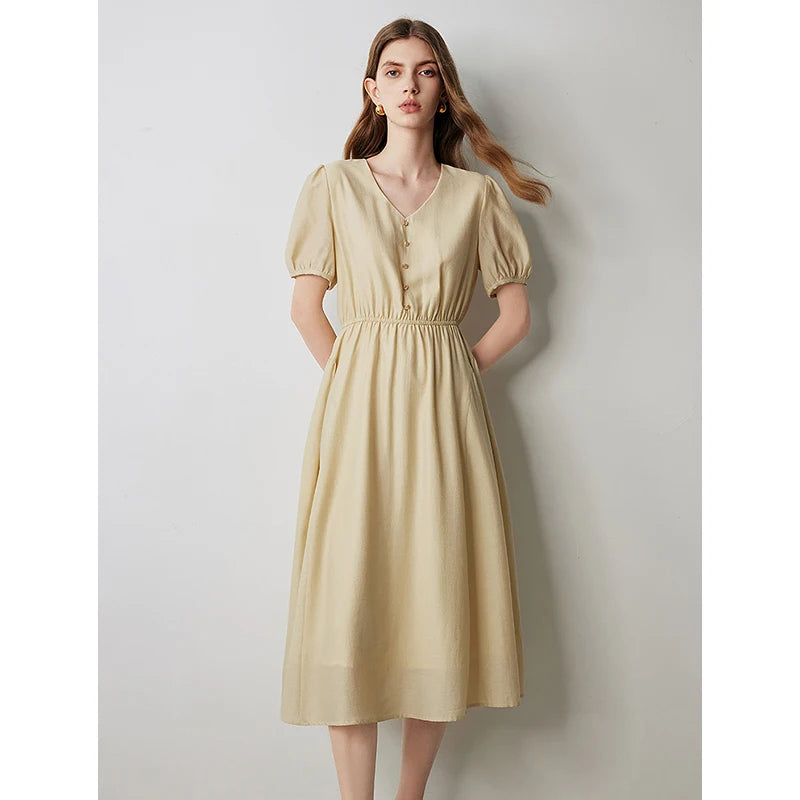 Vestido Midi com Decote V e Manga Bufante Acetinado