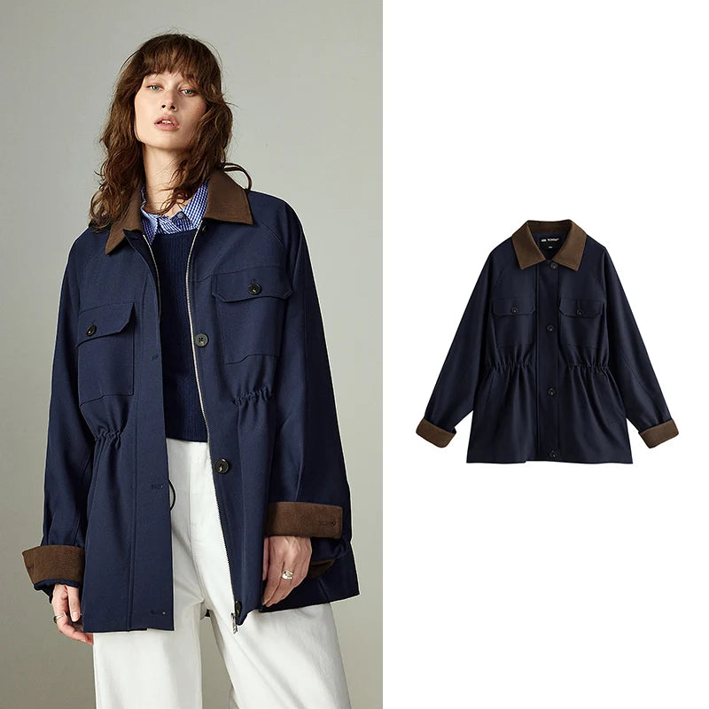Jaqueta Cargo Feminina Midi Acinturada com Recortes navy blue