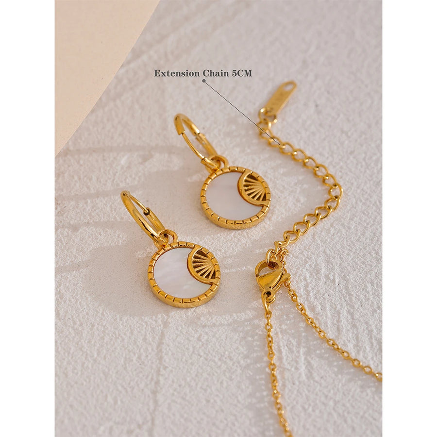 Yhpup Charm Natural Shell Star Moon Round Pendant Drop Stainless Steel Necklace Earrings Jewelry Set for Women Accessories