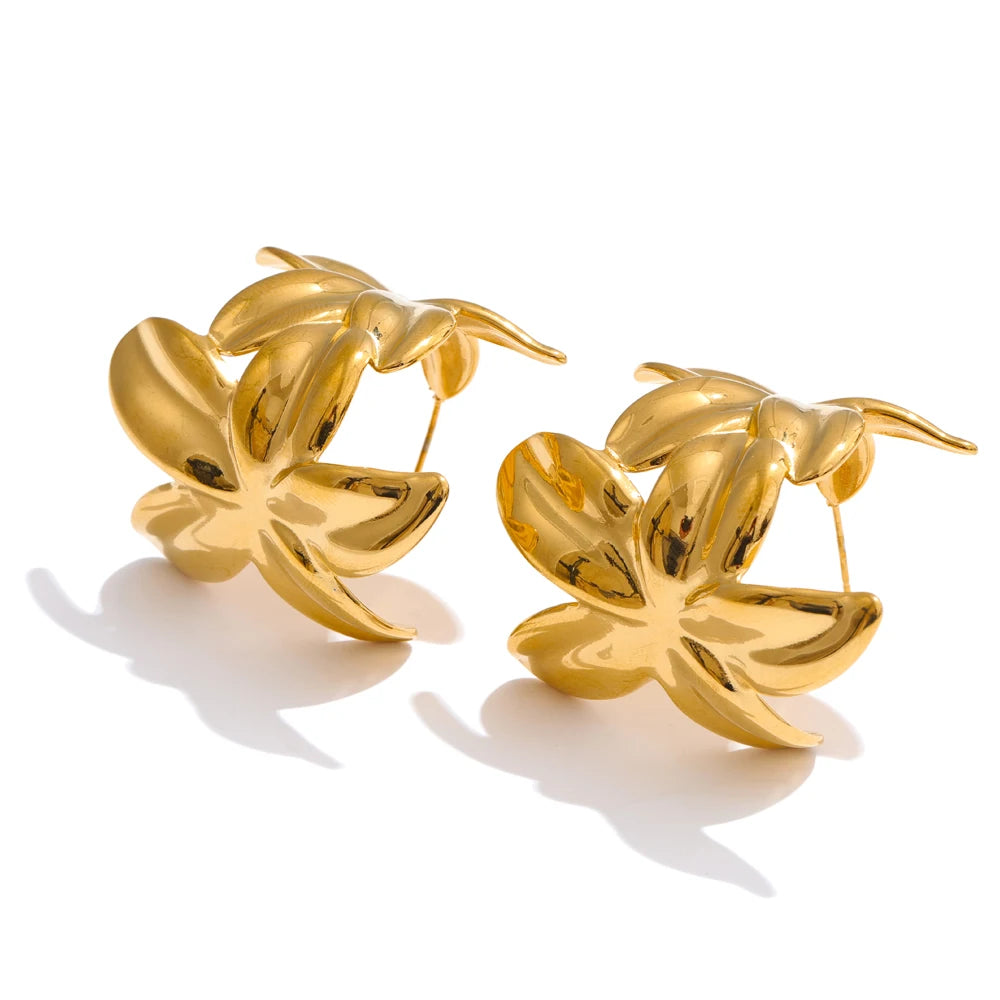 Yhpup Green Pink Enamel Golden Flower Huggie Earrings for Women Exquisite Stainless Steel Daily Versatile Fashion Jewelry Gift