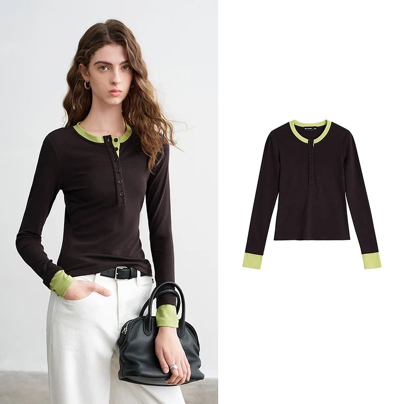 Blusa Feminina Color Block Efeito Duas Peças Manga Longa
