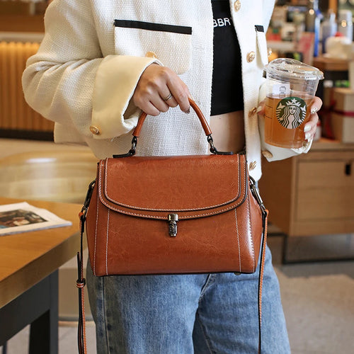Bolsa Transversal Feminina Vintage de Couro Legítimo Café Minimalista Quadrada