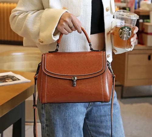 Bolsa feminina vintage de couro legítimo estilo carteiro quadrada minimalista marrom
