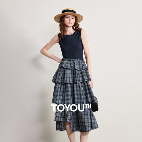 Vestido Midi Xadrez com Saia em Camadas