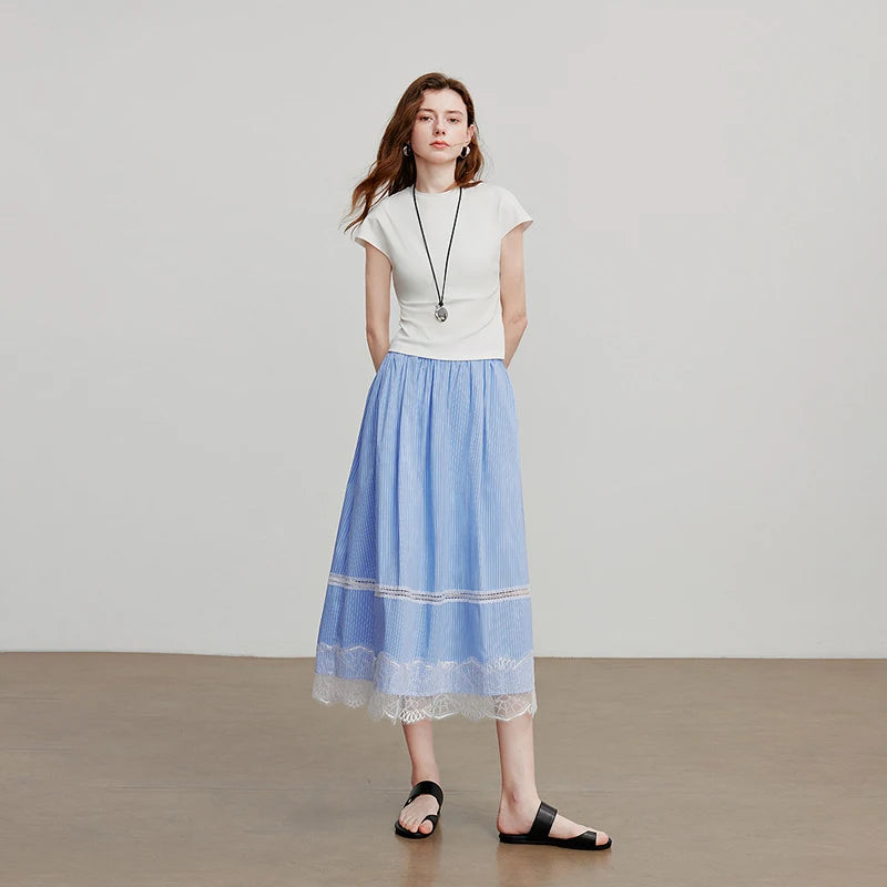 Saia Midi Feminina com Renda Patchwork