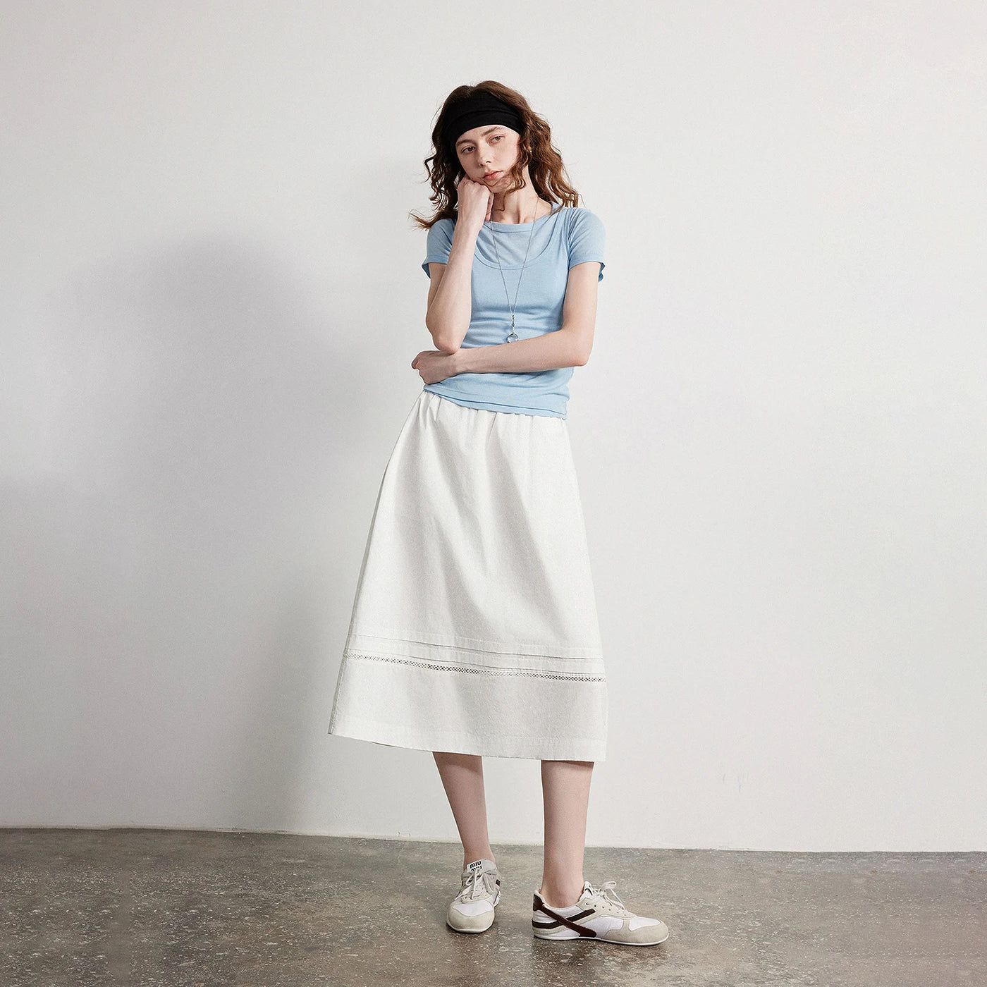Saia Midi Feminina com Renda Patchwork Evasê