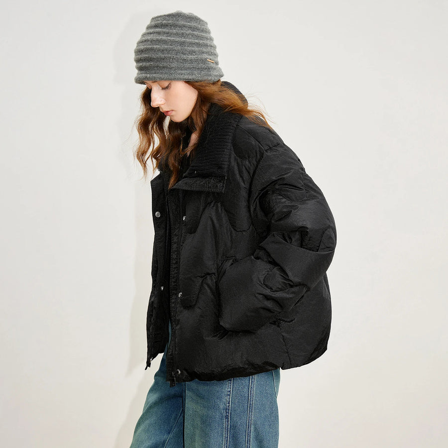 Jaqueta Puffer Feminina Curta 90% Plumas com Gola de Tricô