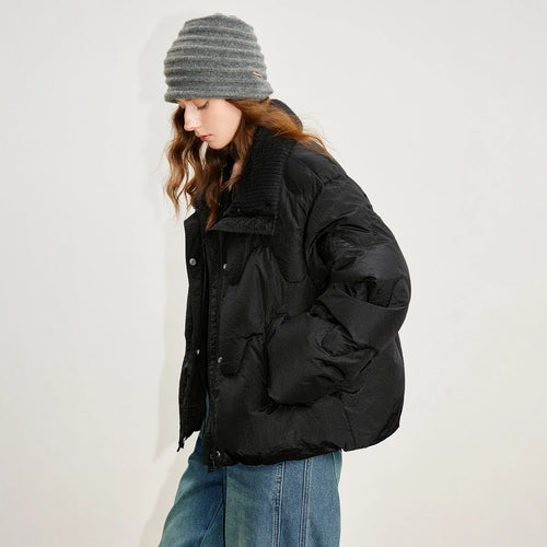 Jaqueta Puffer Feminina Curta 90% Plumas com Gola de Tricô