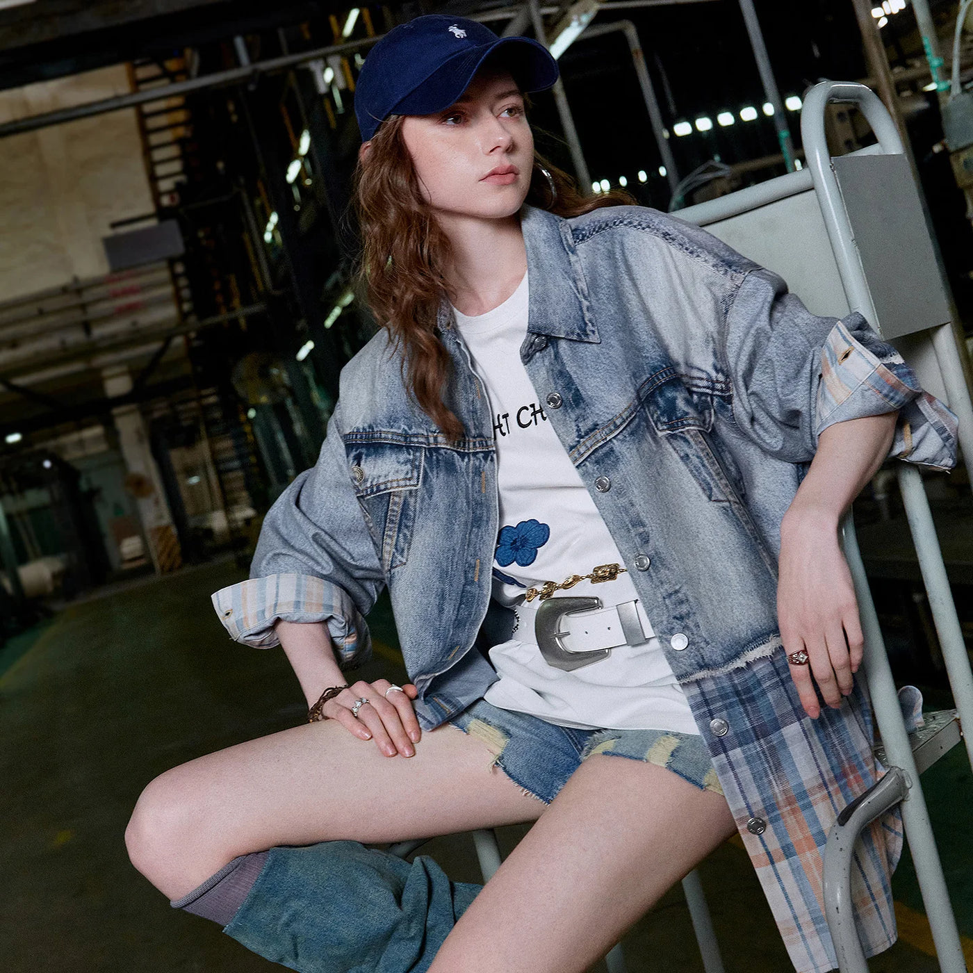 Jaqueta Jeans Feminina Xadrez de Liocel e Algodão